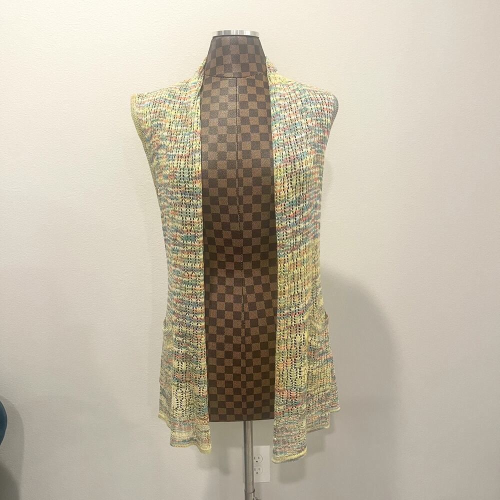 Vtg 90s Rainbow Crochet Cardigan Sleeveless S/M Long Sweater Knit Hippie Grunge - Picture 4 of 11